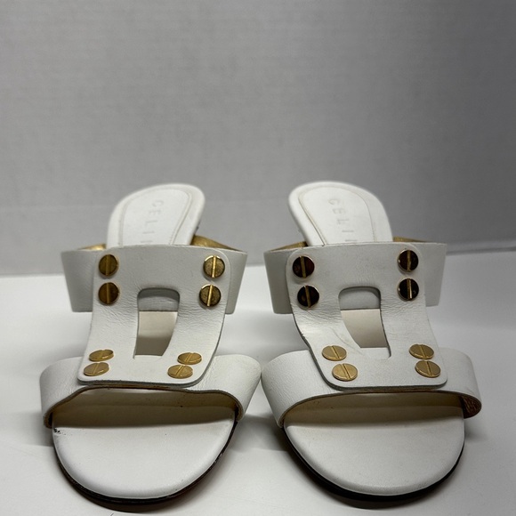 Celine Triomphe Heels High Heel Shoes Open Toe Leather White Gold Studs Size 37 - Picture 3 of 13